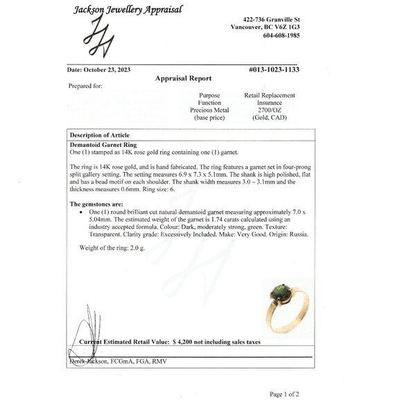 Rare Vintage Demantoid Garnet 14K Gold Ring, 1.74 cts, Size 6, Appraisal $4200 - Picture 9 of 9